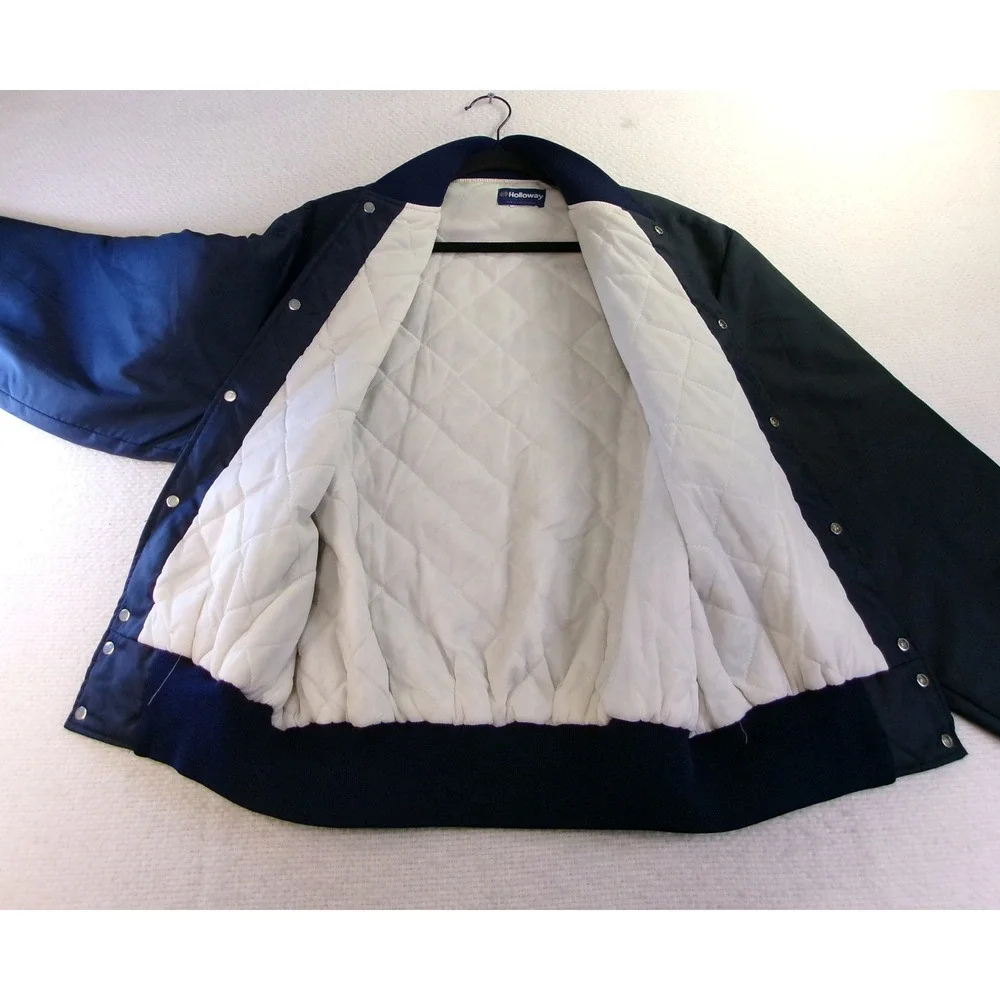Holloway Mens L Varsity Bomber Jacket Navy Blue Striped Trim Made in USA 6430